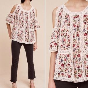 Anthropologie Open Shoulder Floral Blouse